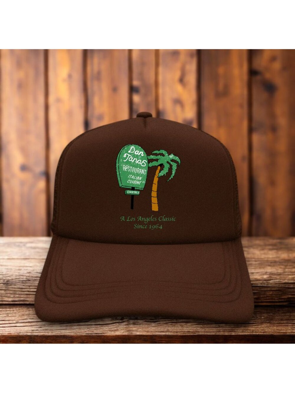 Dan Tanas Restaurant Italian Cuisine Unisex Trucker Hat Brown LA 1964 Classic
